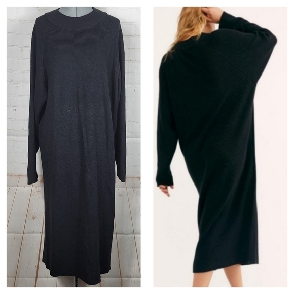 Free People Beach Mock Neck Long Sleeve Knit Midi Dress in Black Small - Picture 1 of 9